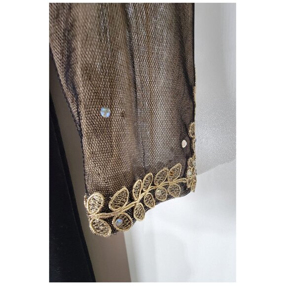 Xscape Beaded Illusion Bodice Velvet Evening Gown, Black & Gold, Womens Size 2 - Picture 6 of 12